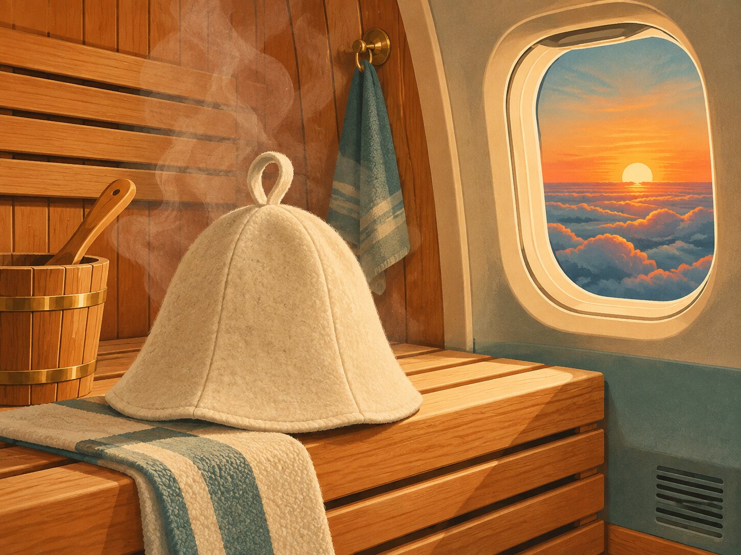 A cream wool felt sauna hat on a cedar bench inside an airplane sauna cabin, with a sunset through the window