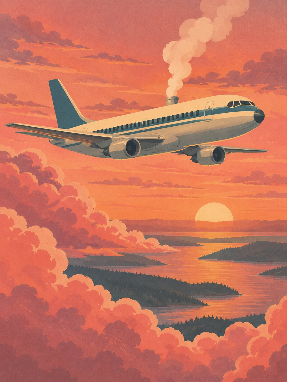 A vintage-style jet flying through a pink sunset with a plume of steam rising from the fuselage